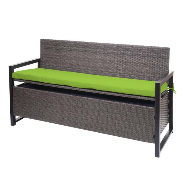 Gartenbank aus Polyrattan mit integrierter Kissenbox, Rückenlehne und grüner Sitzauflage.