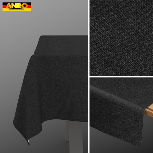 ANRO Logo. Eine anthrazitfarbene, strukturierte Tischdecke mit Detailansicht der Oberflächenstruktur.