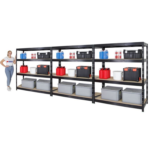 PROREGAL Mega Deal 3x Profi Schwerlastregal Rhino HxBxT 180 x 160 x 60 cm 4 Spanplatten-Ebenen 8mm Fachlast 500 kg Schwarz