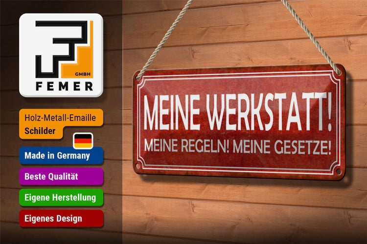 Blechschild Spruch 27x10cm meine Werkstatt Regeln Gesetze Dekoration