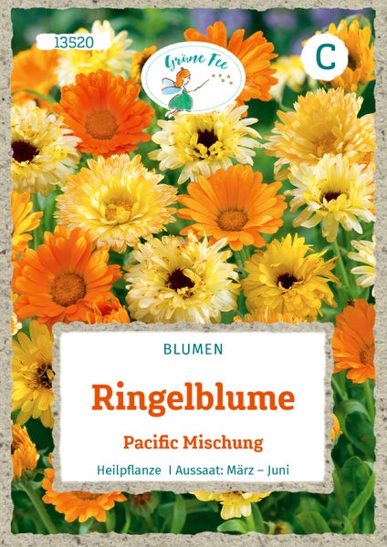 Samentüte Ringelblume Pacific Mischung, Grüne Fee Logo, Heilpflanze, Aussaat von März bis Juni.