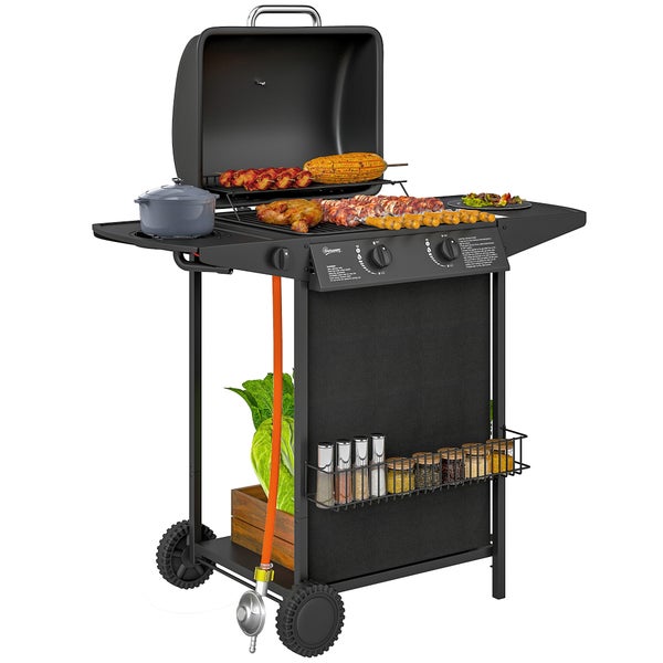 Outsunny Gasgrill 7 KW Grillwagen inkl 3 Brenner Seitenkocher Rolle Druckminderer Deckel Gasschlauch 2 Heizzonen Thermometer Seitenablagen, BBQ Gartengrill für Balkon, Grill 107 x 54 x 96 cm