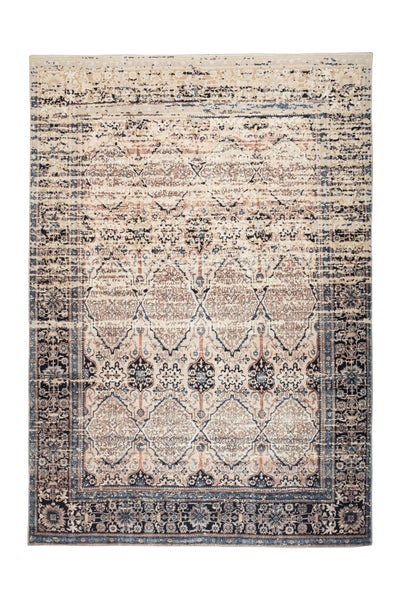 Rechteckiger Teppich in Beige und Blau mit orientalischem Muster im Vintage-Stil.