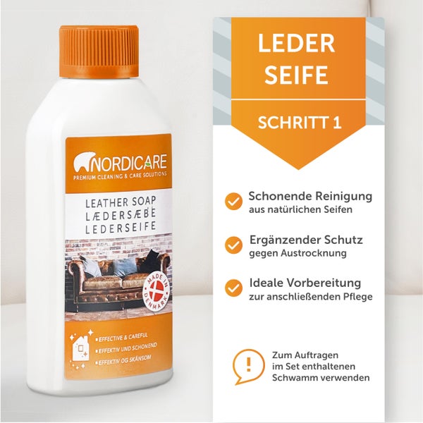 Nordicare Lederpflege Set [250ml] für Auto, Couch und Möbel I Lederreiniger zur Leder Pflege I Lederpflegeset, Leder Reinigung, Lederpflege Sofa, Leather Cleaner, Lederpflege Auto