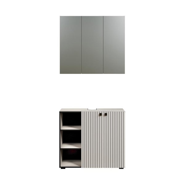 Badezimmermöbel Set bestehend aus einem Spiegelschrank mit drei Türen und einem Waschbeckenunterschrank mit offenen Regalfächern und einer Tür