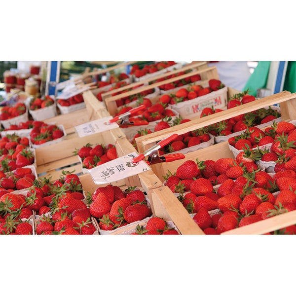 Erdbeeren in Holzkisten mit Preisschild