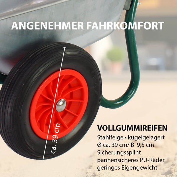 2-Rad-Schubkarre 100 Liter 160 kg Tragkraft verzinkter Stahl PU Vollgummirad auf Stahlfelge Bauschubkarre