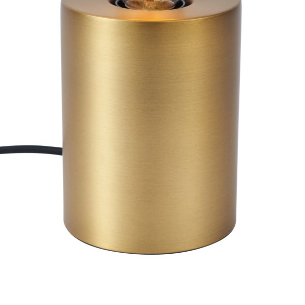 Zylindrischer Tischlampenfuss aus gebürstetem Metall in Goldoptik mit schwarzem Kabel.
