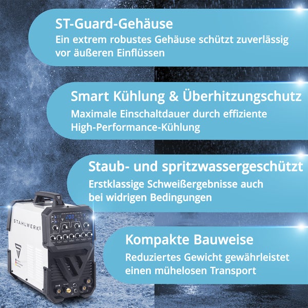 STAHLWERK Schweißgerät mit robustem Gehäuse, Kühlung, Überhitzungsschutz, Staub- und Spritzwasserschutz in kompakter Bauweise.