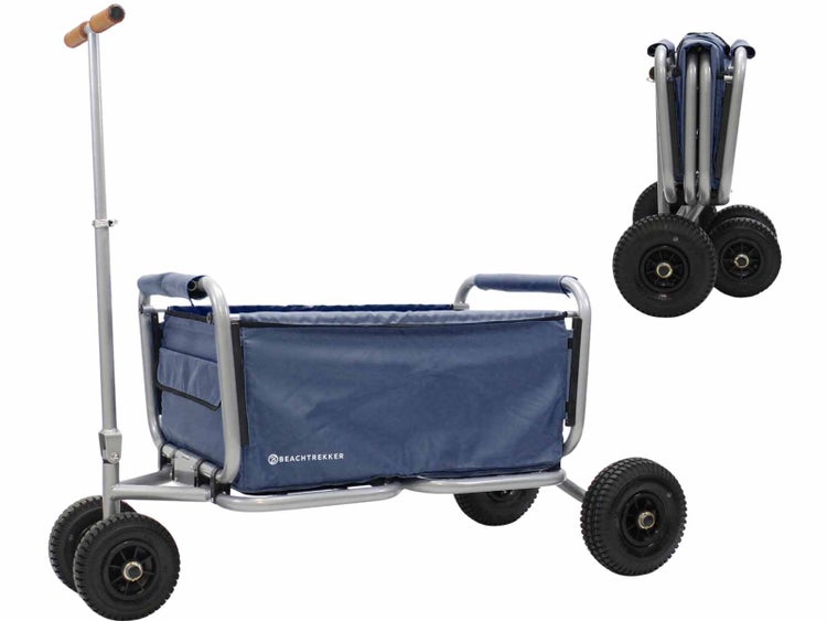 Strandwagen mit Rädern und ausziehbarem Griff, sowohl aufgebaut als auch zusammengeklappt dargestellt