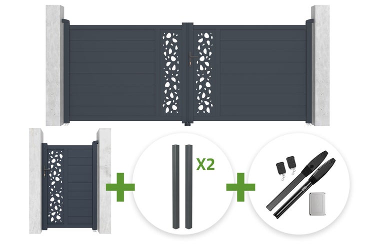 Set aus zweiflügeligem Einfahrtstor, einflügeliger Gartenpforte, zwei Pfosten und elektrischem Torantrieb mit Fernbedienungen in Anthrazit.