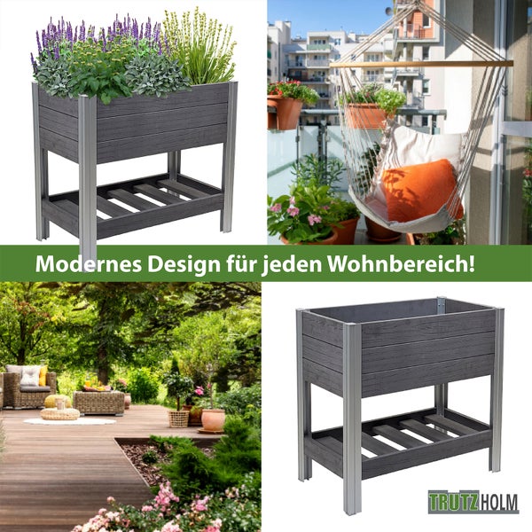 Hochbeet mit Ablage 79x46x74 cm 65 Liter Holzoptik robust witterungsbeständig Kräuterbeet Anthrazit
