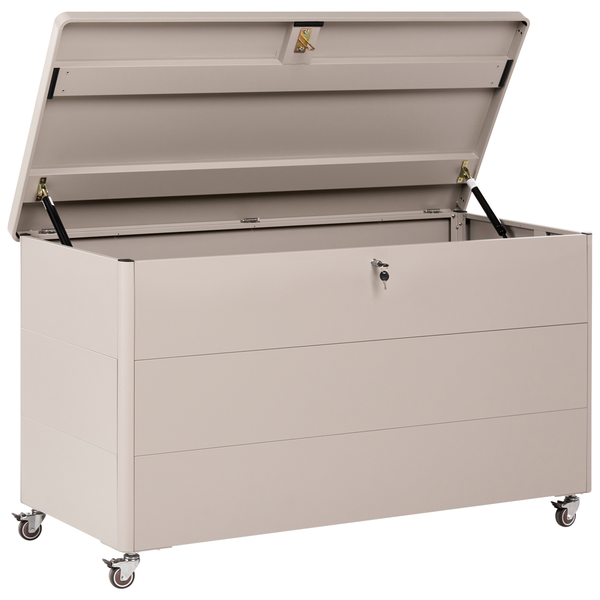 Metallgartenbox mit Rollen und abschließbarem Deckel zur Aufbewahrung von Gartenutensilien