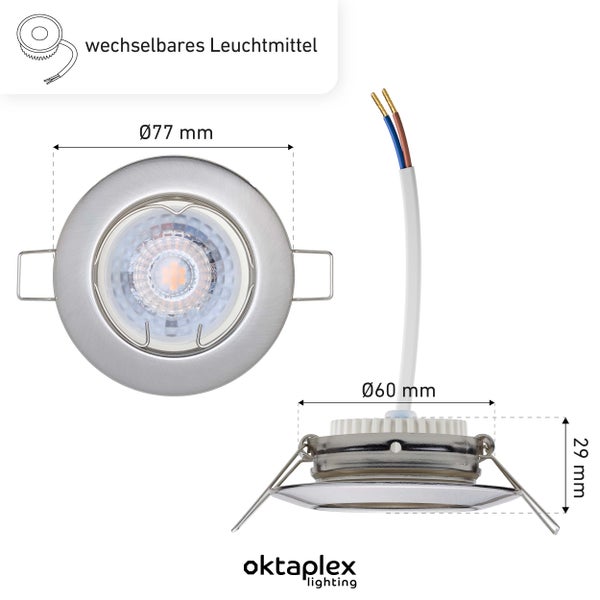 Oktaplex Lighting 6er Set LED Spots Sedan - 3 Stufen dimmbar - 4,8W 3000K 230V 380lm Warmweiß 120° - Deckenspot Edelstahl gebürstet Lochmaß 60mm
