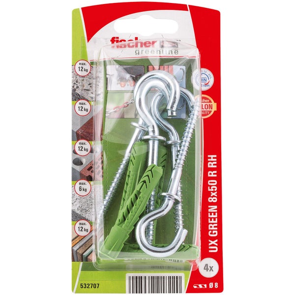 Fischer UX Green 8x50 R RH Universaldübel mit Haken, 4er-Pack
