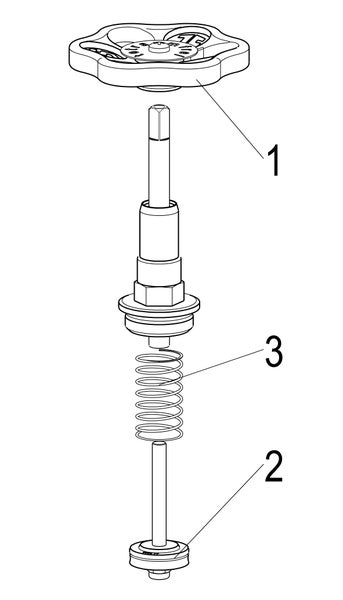 Explosionszeichnung eines Ventiloberteils mit Handrad, Feder und Dichtungskegel.