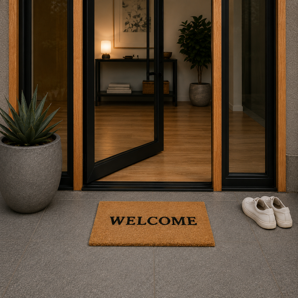 Kokos-Fußmatte mit dem Schriftzug Welcome vor einer modernen Hauseingangstür aus Glas und Holz auf grauen Fliesen.