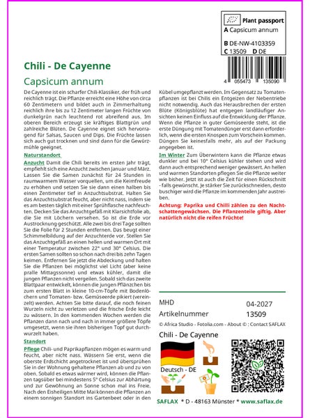 SAFLAX Geschenk Set - Chili - De Cayenne - Capsicum annum - 20 Samen - Mit Geschenkbox, Versandaufkleber, Geschenkkarte und Anzuchtsubstrat