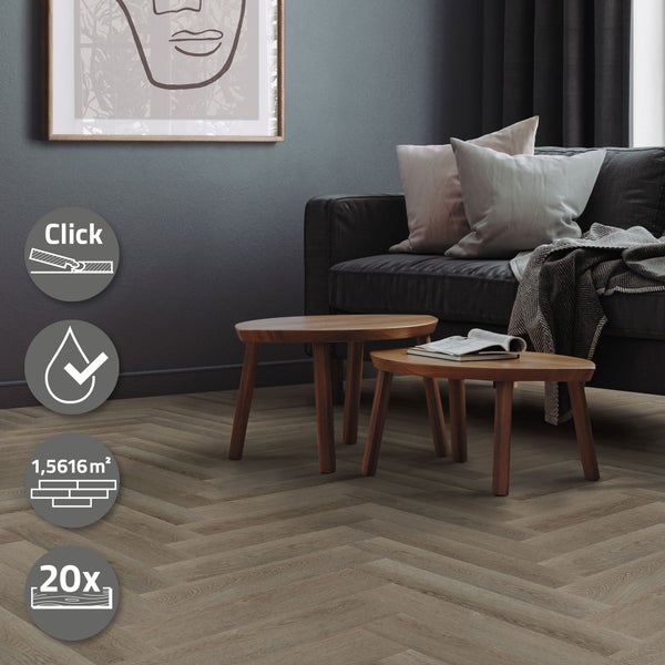 ML-Design Deluxe PVC Bodenbelag, Click Vinyl-Dielen Vinylboden, 61cmx12,8cmx4,2mm, Dicke 4,2mm, 1,56m²/20 Dielen, Fischgrät Eiche dunkel, Braun, Holzoptik, rutschfest, wasserfest, Belastungsklasse 34