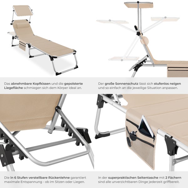 Sonnenliege tectake Lorella 220 x 60,5 x 34 cm, mit Seitentasche  gepolstert, klappbar beige
