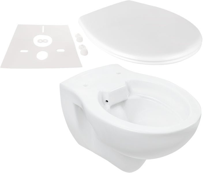 Calmwaters® Spülrandloses Wand WC im Set mit WC Sitz & Schallschutz, antibakterieller Toilettendeckel mit doppelter Absenkautomatik & abnehmbar, WC ohne Spülrand, mit Schallschutzmatte, 99000258