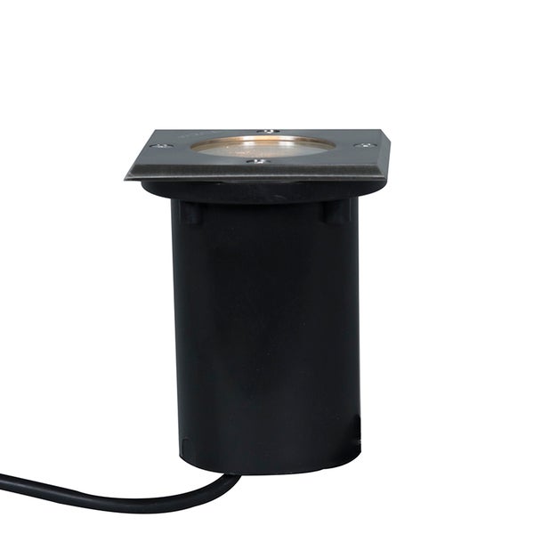 Eckiger Bodeneinbaustrahler für den Außenbereich mit schwarzem Gehäuse, silberner Metallabdeckung und Anschlusskabel.