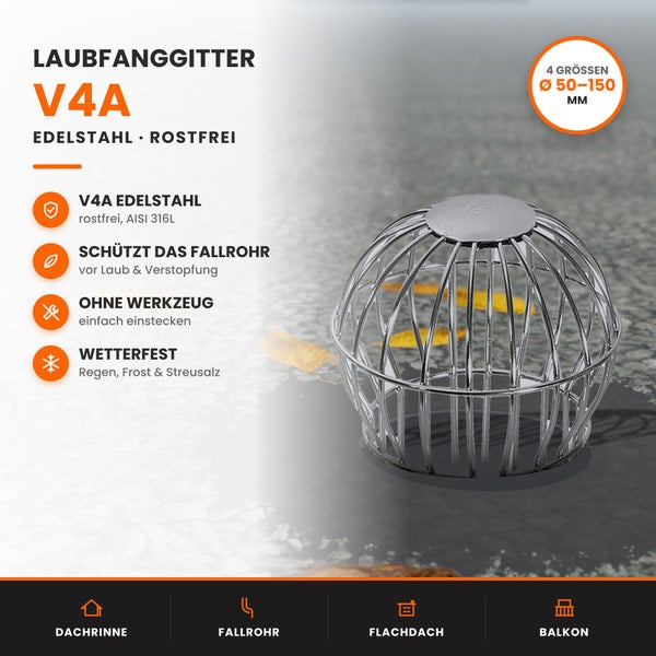 Laubfanggitter aus V4A Edelstahl für Fallrohre, rostfrei, erhältlich in vier Größen von 50 bis 150 Millimeter Durchmesser.