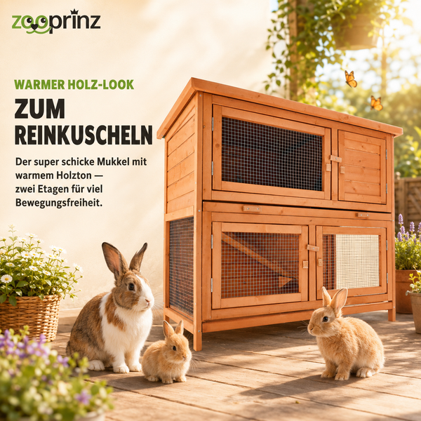 Zooprinz Logo, hell gestalteter zweistöckiger Kaninchenstall aus Holz mit Drahtgittertüren auf einer sonnigen Holzterrasse mit Kaninchen.