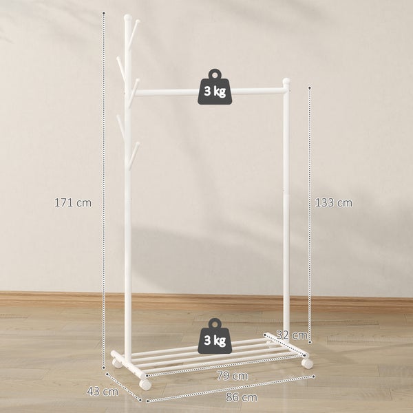 Kleiderständer aus Metall mit Kleiderstange, Haken und Schuhablage, Höhe 171 Zentimeter, Breite 86 Zentimeter, belastbar bis 3 Kilogramm.