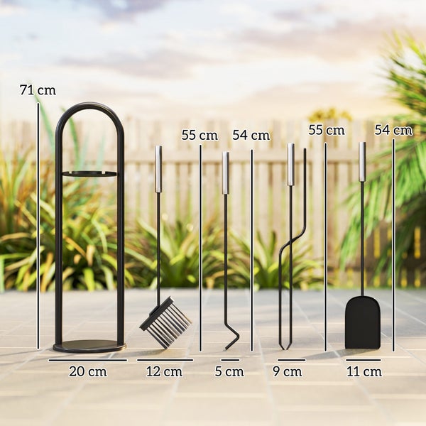 Kamingarnitur mit Ständer, Schaufel, Besen, Schürhaken und Zange