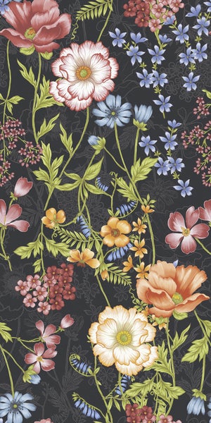Vliestapete mit botanischem Blumenmuster aus Mohnblumen und Wildblumen.