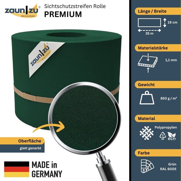 Zaun zu Premium Sichtschutzstreifen Rolle, Länge 35 Meter, Breite 19 Zentimeter, Materialstärke 1,1 Millimeter, Gewicht 850 Gramm pro Quadratmeter, Material Polypropylen, Made in Germany