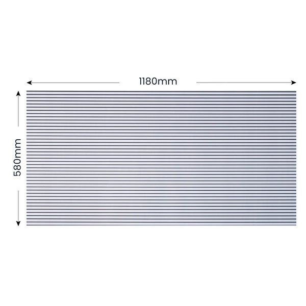 Rechteckiges Paneel mit horizontalen Lamellen, Breite 1180 Millimeter, Höhe 580 Millimeter.