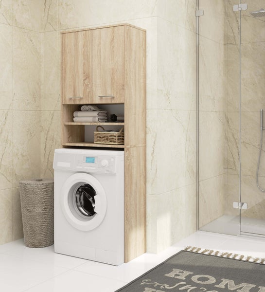 Badezimmer Szene mit Waschmaschine, Holzschrank, Wäschekorb und Duschkabine