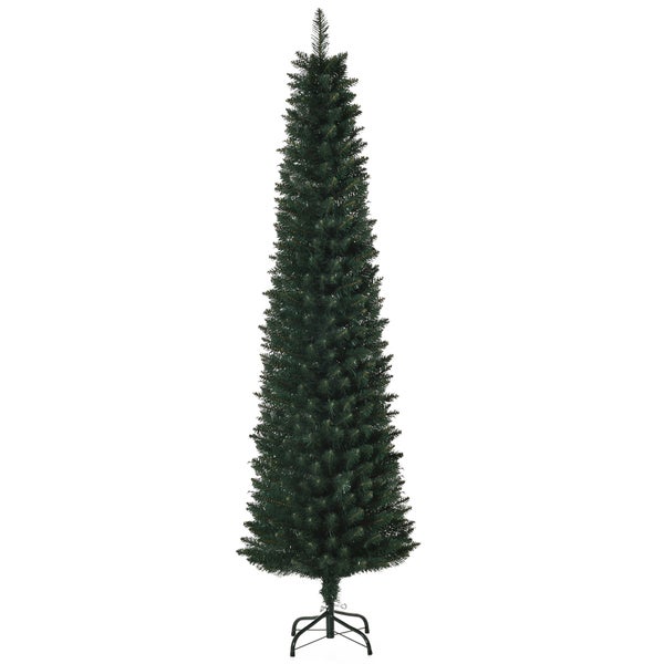 Künstlicher Weihnachtsbaum in schmaler Form mit dunkelgrünen Nadeln und schwarzem Metallständer.
