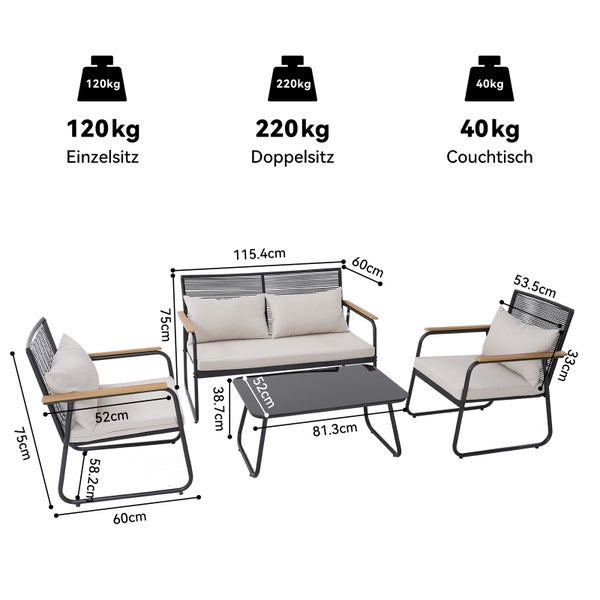 Garten-Set Maße: Sofa 115,4x60x75 cm, Sessel 60x58,2x75 cm, Tisch 81,3x52x38,7 cm. Traglast: 220 Kilogramm, 120 Kilogramm, 40 Kilogramm.