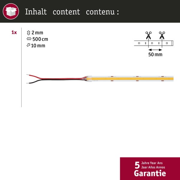 Infografik zum LED-Streifen: 500 Zentimeter lang, 10 Millimeter breit, 2 Millimeter hoch, kürzbar alle 50 Millimeter. 5 Jahre Garantie.