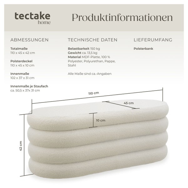 tectake home Logo und Produktinformationen zur Polsterbank: Maße 110 mal 45 mal 42 Zentimeter, Belastbarkeit 150 Kilogramm und Materialdetails.
