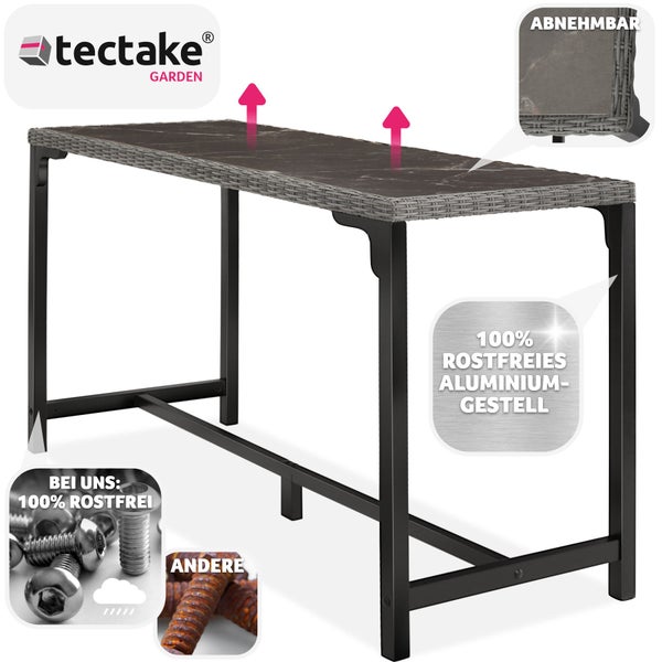 Rattan Tisch tectake Lovas 161 x 64,5 x 99,5 cm mit Aluminium- und Holzgestell grau