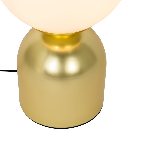Tischleuchte mit goldenem Sockel und mattiertem Lampenschirm
