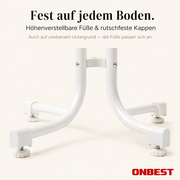Höhenverstellbare Füße und rutschfeste Kappen am ONBEST Untergestell für stabilen Stand auf unebenem Boden. ONBEST Logo.