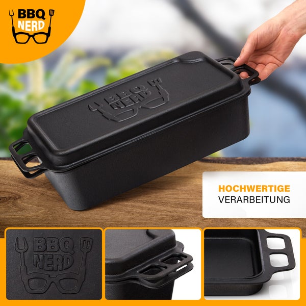 BBQ-Nerd Dutch Oven Brottopf aus Gusseisen 9,4 L | Brotbackkasten mit Grill-/Servierpfanne für alle Herdarten, Öfen und Grillgeräte | Feuertopf für Kuchen Brot Auflauf Braten
