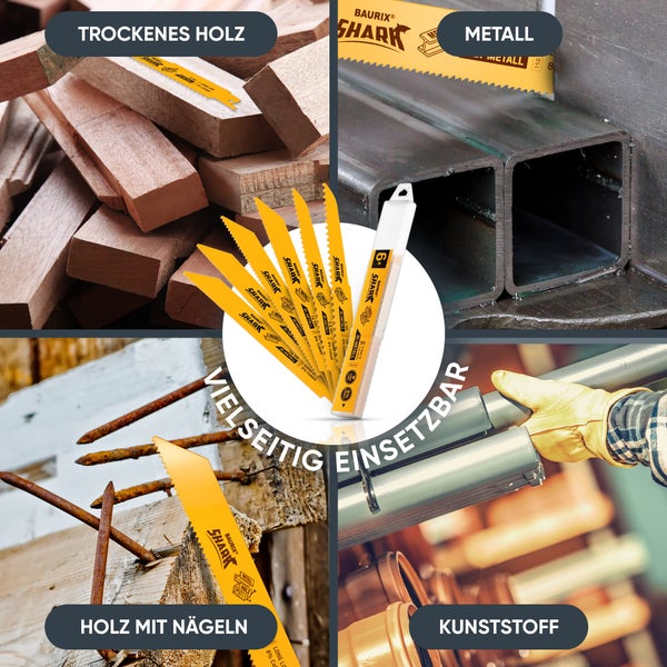 BAURIX® [LONG LIFE] Säbelsägeblätter, 6 Stück, 150 mm, 5/8 bis 24 TPI, Holz mit Nägeln, Metall, Kunststoff, Sägeblatt Säbelsäge für schnelle und saubere Schnitte