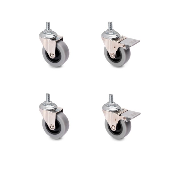 Vierer-Set Möbelrollen aus Metall und Kunststoff, zwei Lenkrollen mit Feststeller und zwei ohne Feststeller, mit Gewindestift.