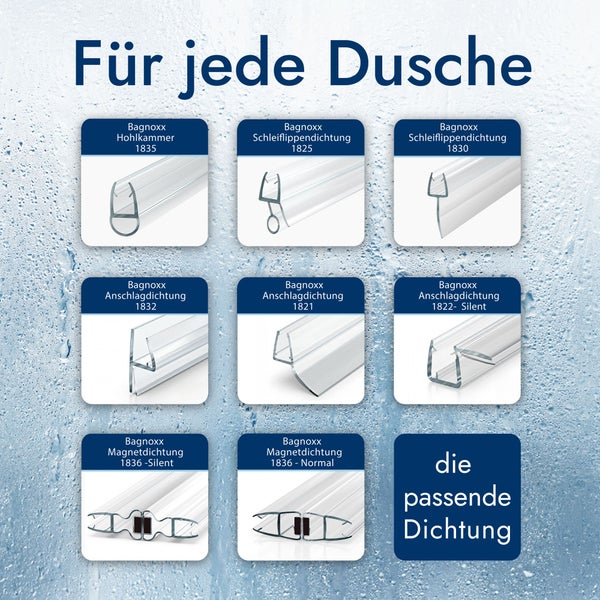 Übersicht verschiedener Bagnoxx Duschdichtungen wie Hohlkammerdichtung, Schleiflippendichtung, Anschlagdichtung und Magnetdichtung.