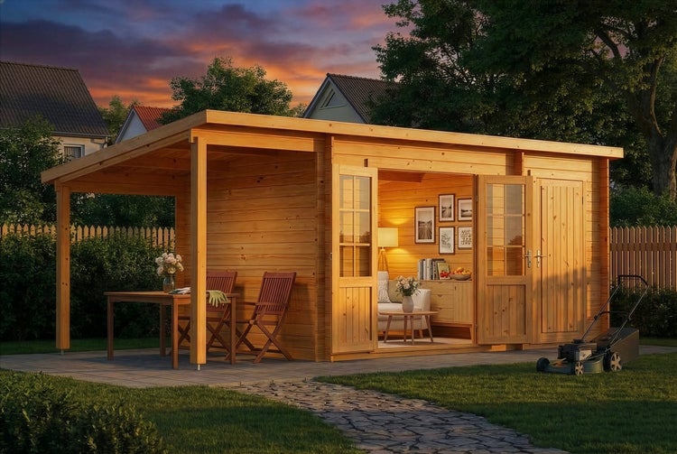 Modernes Gartenhaus aus Holz mit Pultdach, überdachter Terrasse, Sitzgruppe und eingerichtetem Innenraum in einem Garten bei Abenddämmerung.
