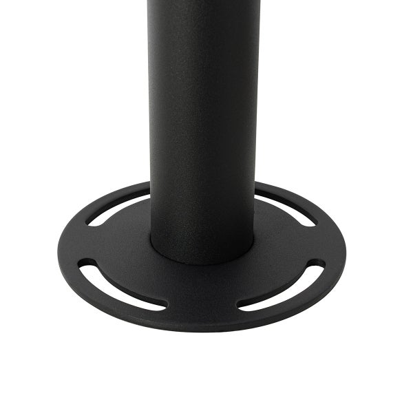 Basis einer schwarzen Metallstange mit runder Bodenplatte und Befestigungsschlitzen.