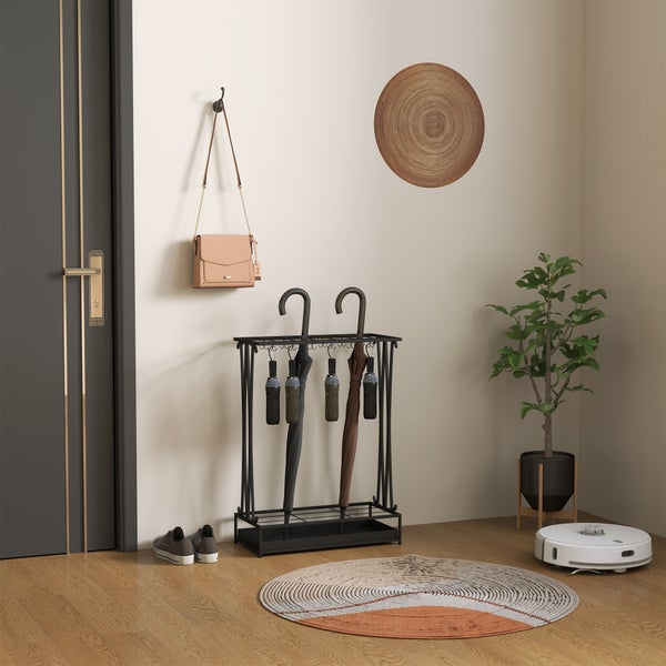 HOMCOM Regenschirmständer Stahl Schirmständer Rechteckiger Schirmhalter mit 24 Haken, 21 Löchern, herausnehmbare Wasserauffangschale für Gehstöcke & Regenschirme 50 x 24 x 68 cm Schwarz