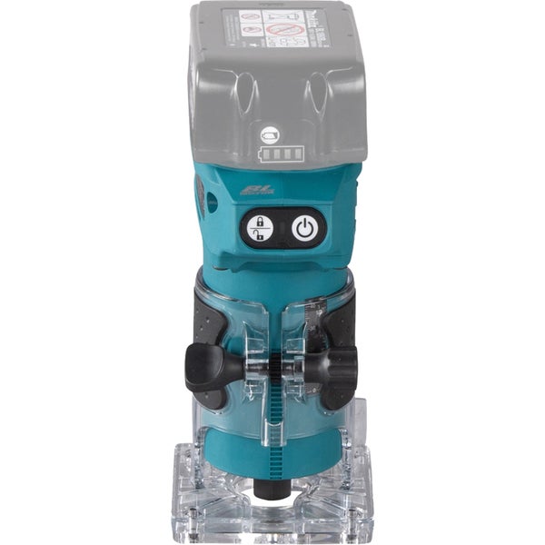 Akku-Oberfräse von Makita mit bürstenlosem Motor, transparentem Fuß und oben montiertem 12 Volt Akku.