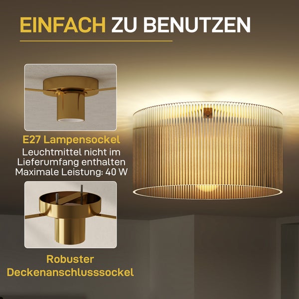 Moderne Deckenleuchte mit geriffeltem Glasschirm, E27 Lampensockel und robustem Deckenanschluss. Maximale Leistung 40 Watt, ohne Leuchtmittel.